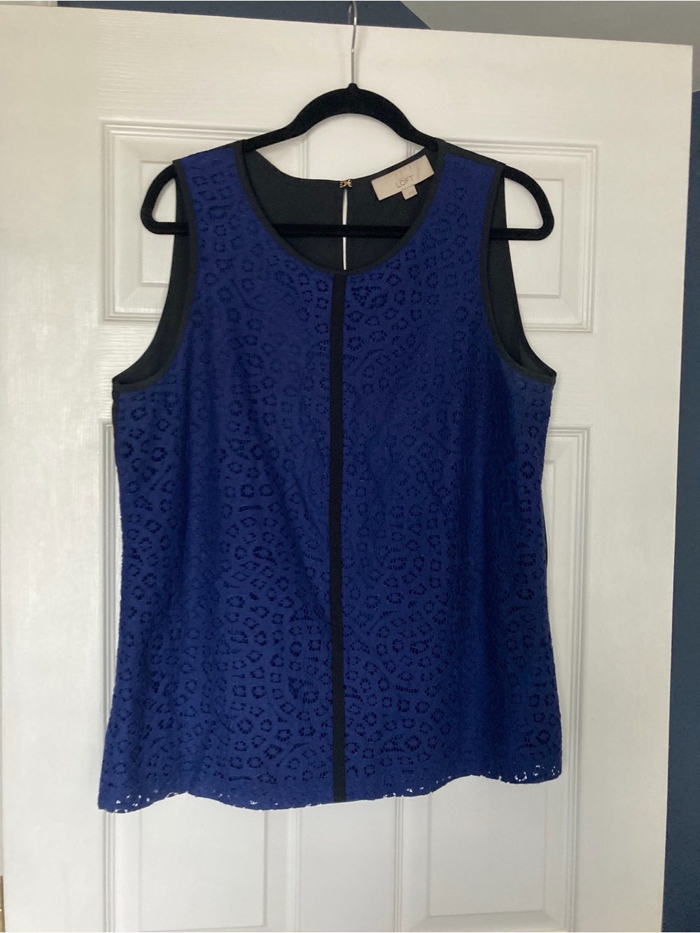 LOFT Royal Blue Lace Sleeveless Shell with Black Trim